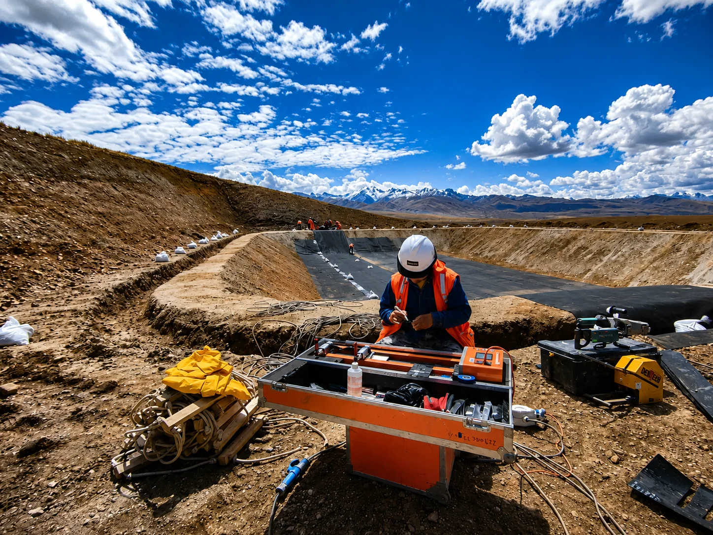 Personal ejecutando una prueba geoeléctrica sobre geomembrana